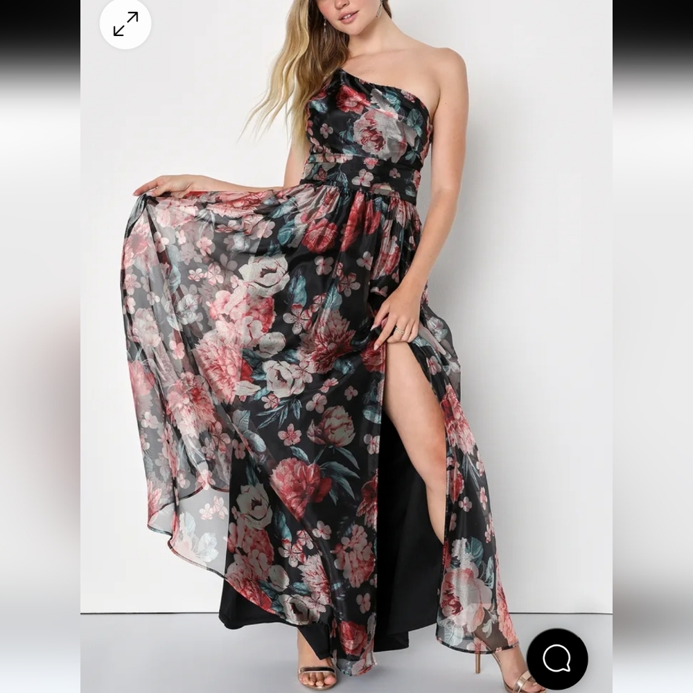 Bringing the Charm Black Floral Organza One-Shoulder Maxi Dress